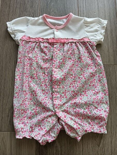 西松屋 ベビー服 60-70 ピンク花柄 半袖 女の子 ロンパース カバーオール