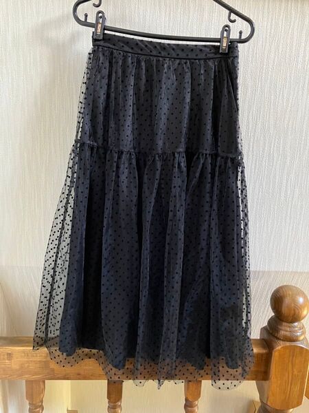 ★H&M黒ドット水玉チュールロングフレアスカート34★