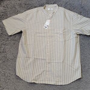 新品 ユニクロコットンリネンスタンドカラーシャツ/ストライプ L