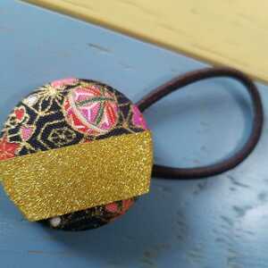  hand made! hair elastic ... button / black peace pattern × gold obi 