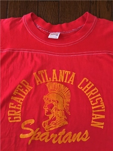 ＵＳＡ製 スポーツウェア オールド フットボール Tシャツ M 赤 3段プリント スパルタンズ 裾シングルステッチ