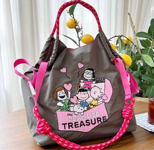 エコバッグ ショルダー付き ボールアンドチェーン 刺繍エコバッグ スヌーピ刺繍 刺繍バッグ Mサイズ ショルダーストラップ付き