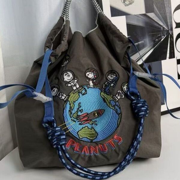 エコバッグ ショルダー付き ボールアンドチェーン 刺繍エコバッグ スヌーピ刺繍 刺繍バッグ Mサイズ ショルダーストラップ付き