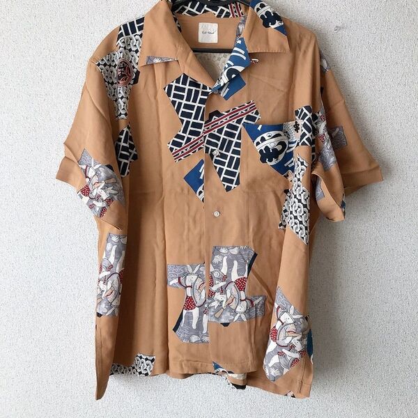 希少 カールヘルム レーヨン 和柄 シャツ キャメル L 半袖