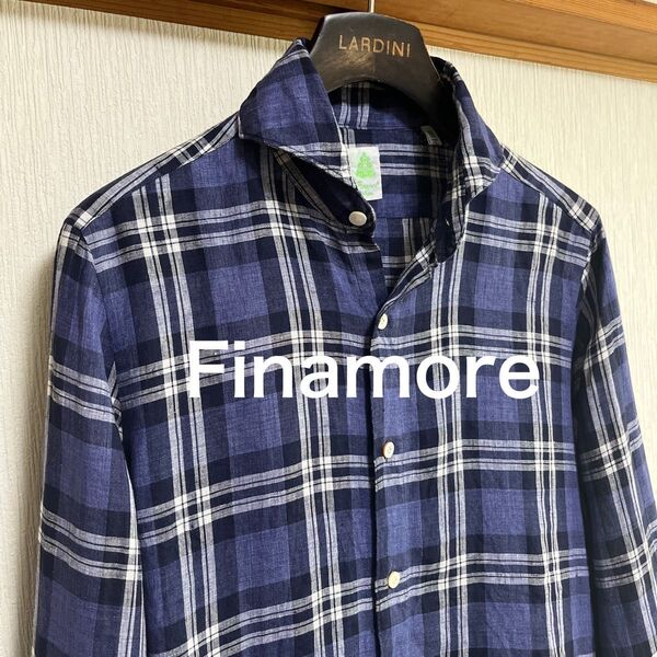 【美品】Finamore フィナモレ ネイビー チェック リネンシャツ