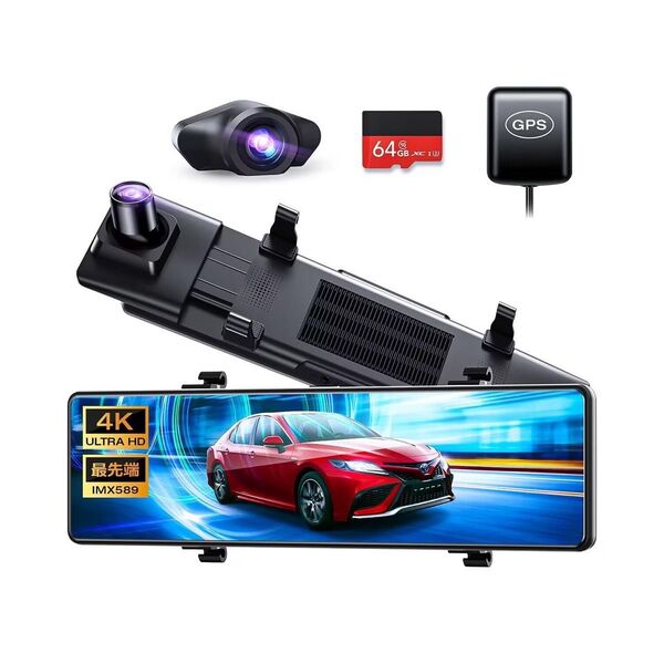 未開封 ドライブレコーダー ミラー型 前後カメラ 12インチ超大画面 4K 高画質 64GB SDカード IP67防水 リアカメラ