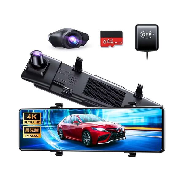 未開封 ドライブレコーダー ミラー型 前後カメラ 12インチ超大画面 4K 高画質 64GB SDカード IP67防水 リアカメラ