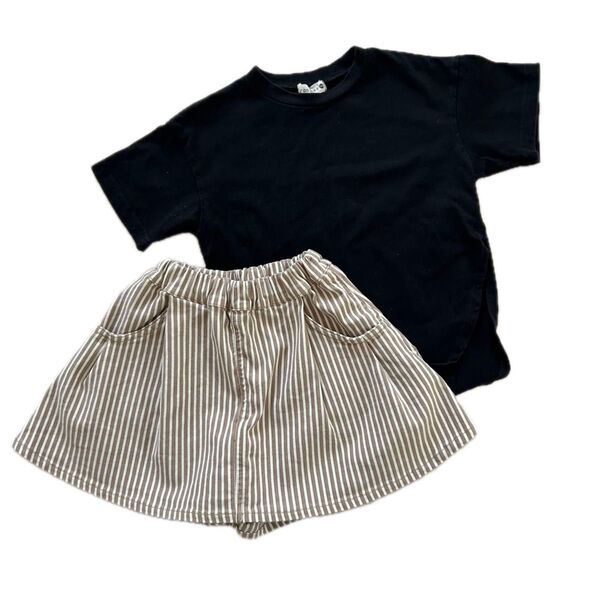 子供服 2点セット 女の子 Tシャツ キュロットスカート 黒 ストライプ ハーフパンツ ショートパンツ スカート ムージョンジョン