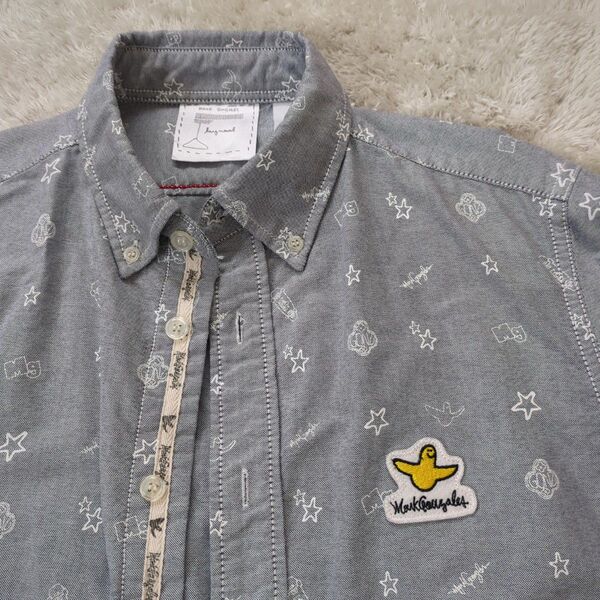 【美品】Mark Gonzales 総柄 ボタンダウンシャツ 長袖 グレー L