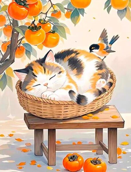 クロスステッチキット 猫と小鳥 (11CT、図案印刷あり)
