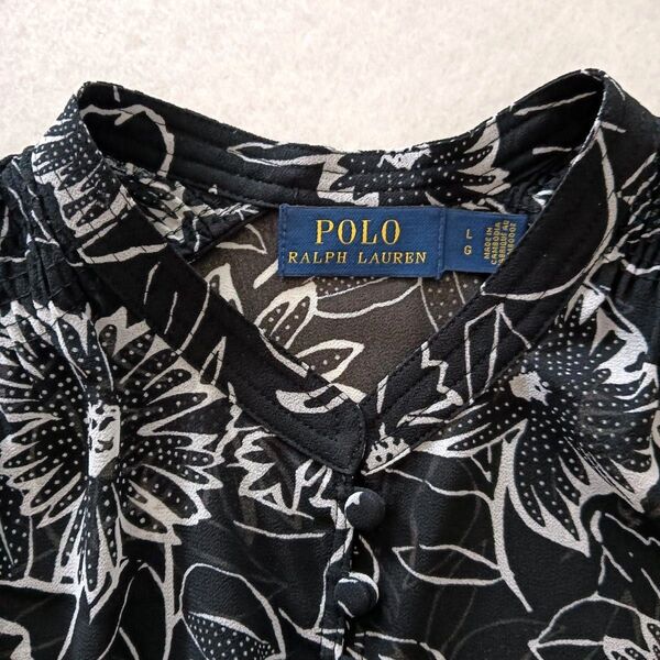 POLO RALPH LAUREN ポロラルフローレン 花柄 ブラウス 袖フリル 黒 シアー L