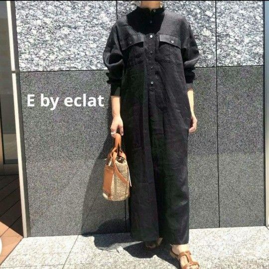 E by eclat イーバイエクレ 麻100% ワンピース バンドカラー 黒