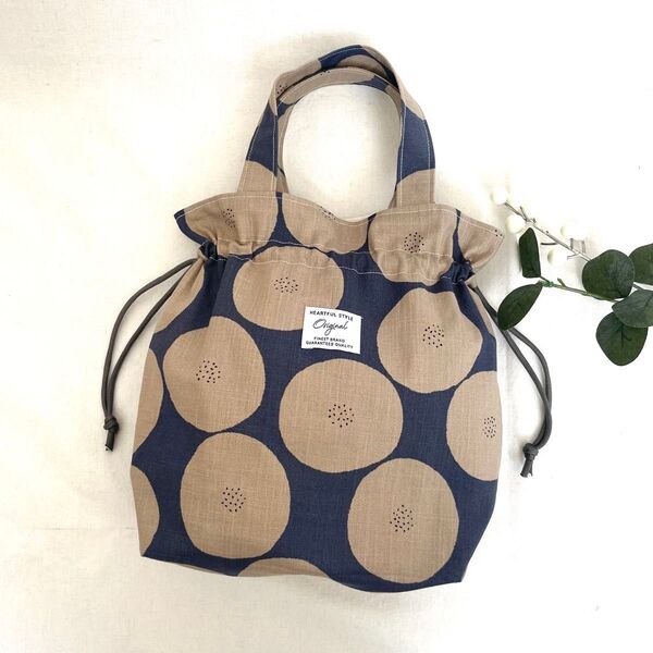 あんぱん柄ブラウン【Sサイズ】巾着トートバッグ ハンドメイド
