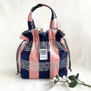 綿麻ストライプラメサーモンピンク【Sサイズ】巾着トートバッグ ハンドメイド