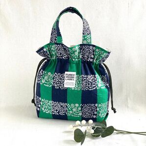 ストライプラメグリーン【Sサイズ】巾着トートバッグ ハンドメイド