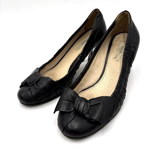 PRADA プラダ 本革 リボン ヒール / パンプス EU36 22.5cm レディース 婦人靴 シューズ BLACK
