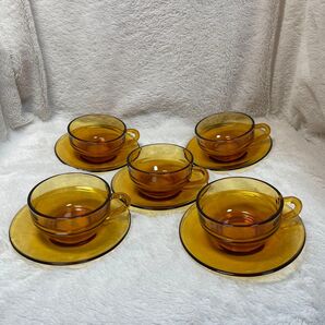 アデリア アンバーガラス カップ&ソーサー 5客セット 昭和 レトロ 純喫茶 紅茶 ティーカップ