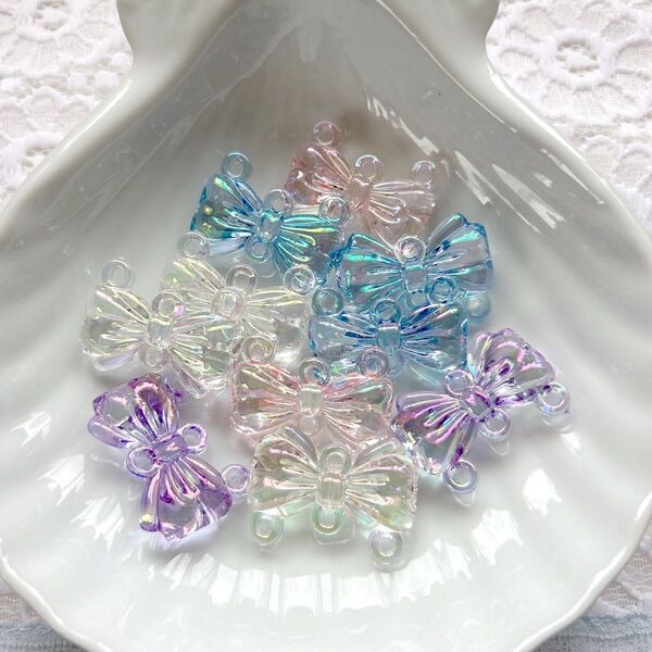 【10個】4つ穴 リボン アクリルビーズ オーロラ加工 ハンドメイド アクセサリー