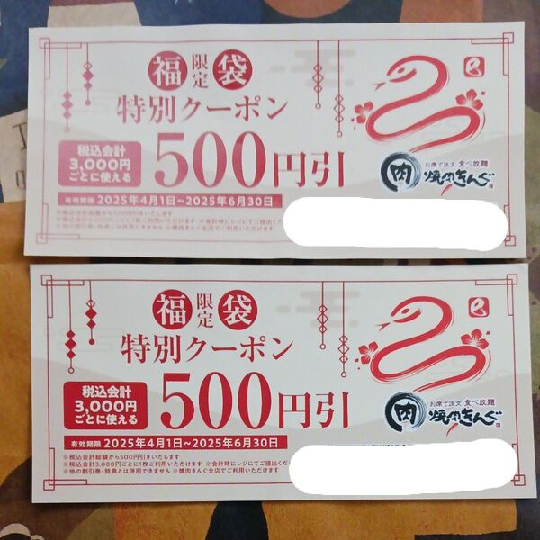 焼肉きんぐ クーポン 福袋 特別クーポン 500円引 2枚 1,000円分 有効期間2025年6月末まで
