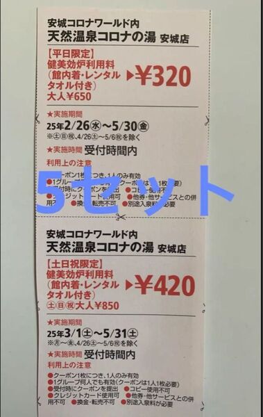 安城コロナの湯 健美効炉利用料 半額クーポン5セット