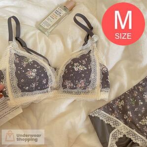 【商品番号60】 パット内蔵 楽ブラ 花柄グレーM ノンワイヤー ブラジャーショーツセット 下着 ナイトブラ 脇高 補正
