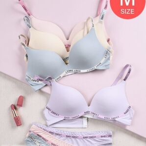 【数量限定価格】 楽ブラ クリームM ノンワイヤーブラ ブラジャーショーツセット 英字パイピング セットアップ ナイトブラ 下着