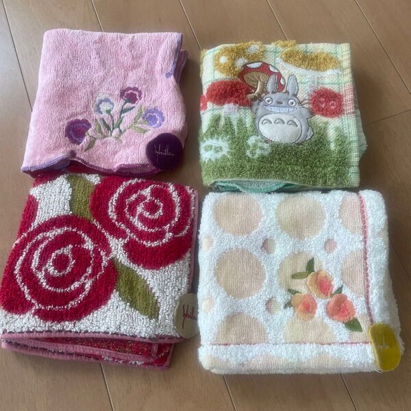 シビラ まとめ売り 花柄刺繍 花柄ハンドタオル トトロ 4枚 タオルハンカチ セット ドット柄 ミニタオル
