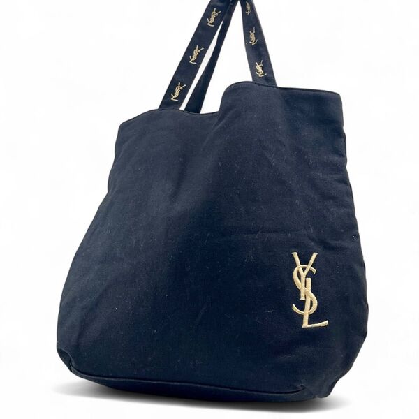 YSL イヴサンローラン トートバッグ ハンドバッグ 黒 コットン ロゴ