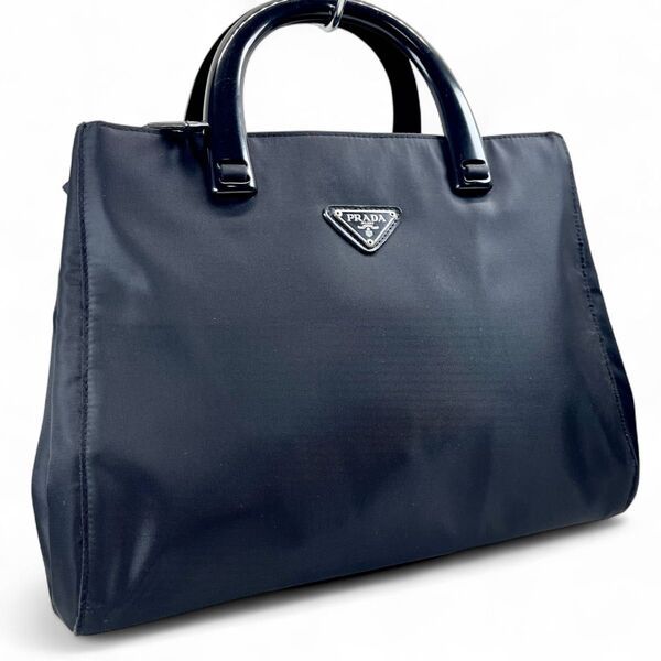 【良品】PRADA プラダ ハンドバッグ トートバッグ ナイロン 黒 ブラック 三角ロゴプレート トートバッグ