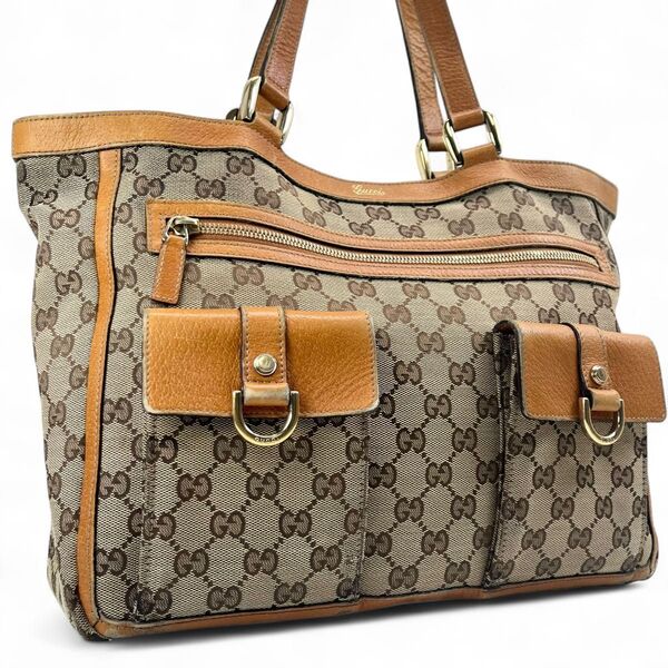 GUCCI グッチ GGキャンバス 肩掛け トートバッグ ダブル ポケット レザー ハンドバッグ ベージュ キャンバス