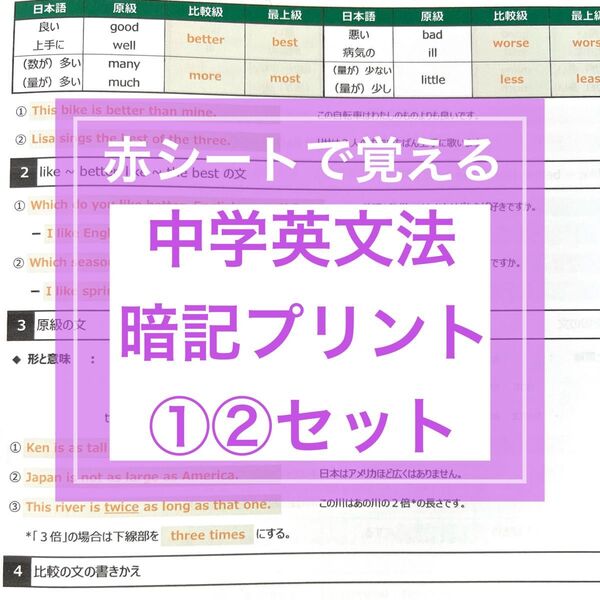 中学英語 英文法 暗記プリント①②セット 中1.2.3対象★定期テスト・受験対策