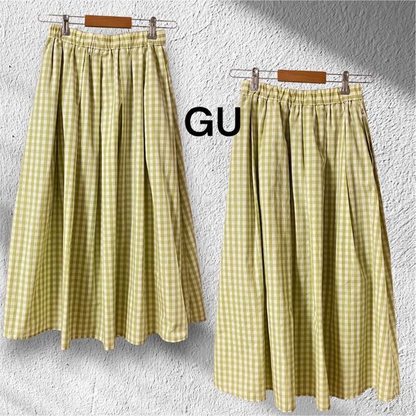 GU タックフレアミディスカート【S】 ギンガムチェック グリーン