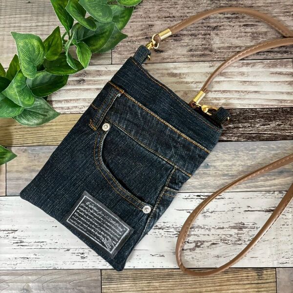 ハンドメイド デニムリメイク ミニサコッシュ スマホショルダー 斜め掛け ジーンズ ジーパン 男女兼用 ショルダーバッグ