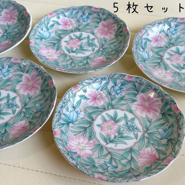 有田焼 飛鳥窯 銀彩花紋 銘々皿揃 5枚セット 取り皿 色絵 小皿 輪花皿 ハワイアン