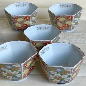 有田焼 鶴松窯 金襴花詰 小鉢揃 5枚セット 六角鉢 輪花鉢 色絵 金彩 和食器 椿