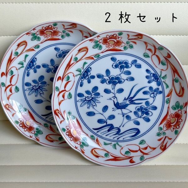 たち吉 赤絵花鳥 中皿 2枚セット 染付 輪花皿 和食器 色絵 古伊万里 和食器 和皿