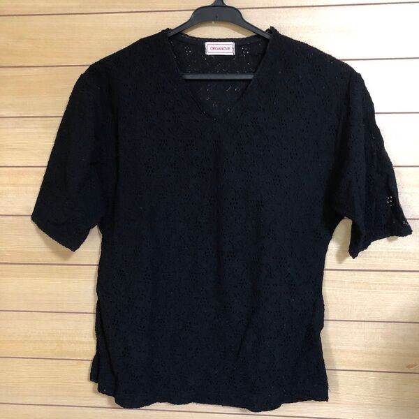 Vネック Tシャツ トップス 黒 Tシャツ レース 透け感 可愛い 花柄 Vネック カットソー ブラック シンプル オシャレ