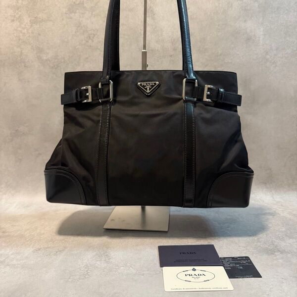 美品 PRADA ナイロン×レザー トートバッグ ブラック
