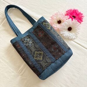 リメイクジュエ402★紺地大島風パッチワーク★ハンドメイド★帯リメイクトートバッグ★小さめ