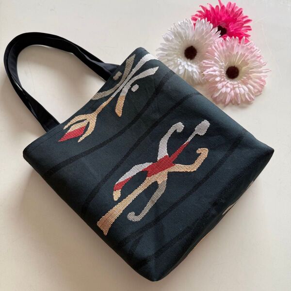 リメイクジュエ416★つむぎにししゅう柄★ハンドメイド★帯リメイクトートバッグ