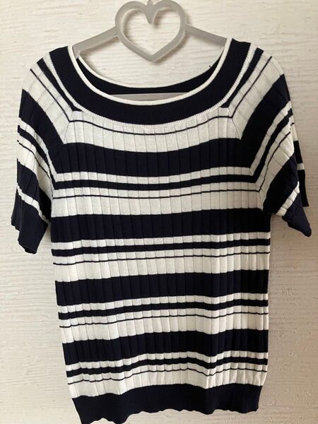 PAGEBOY ボーダー柄半袖ニット ネイビー×ホワイト レディース