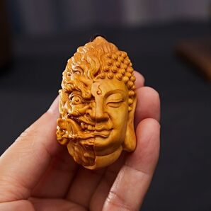 仏と魔の二面性 ストラップ 木彫り 根付 仏教 ブッダ 仏陀 悪魔 煩悩 死魔 天魔 善悪 四魔 鬼 お守り キーホルダー 善と悪