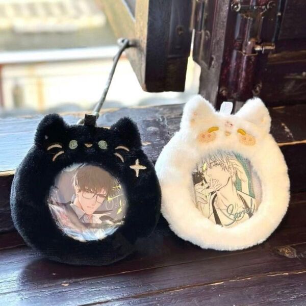 推し活 缶バッジ ニャンニャン ホルダー ポーチ 丸缶 痛バッグ 痛バ グッズ 缶バッジ収納ケース もこもこ 白黒 セット