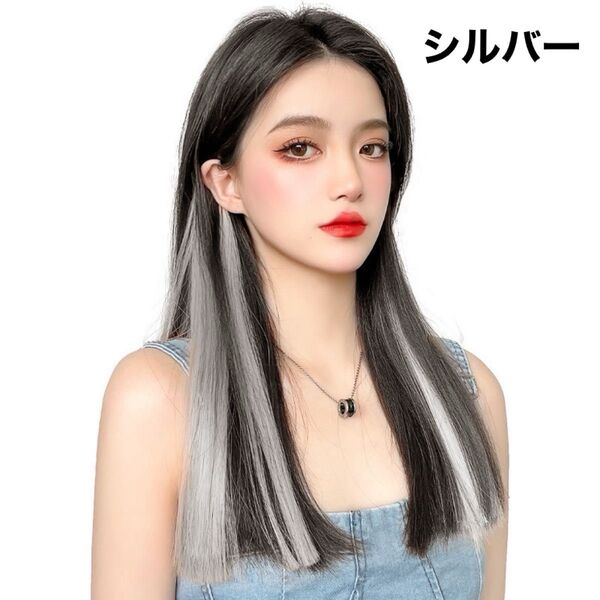 ワンタッチエクステ インナーカラー クリップ式 ワンタッチ 簡単 カラーエクステ ストレート 2本セット シルバー