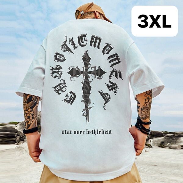 メンズ 半袖 Tシャツ 3XL 大きいサイズ 十字架 プリント オーバーサイズ ホワイト 白