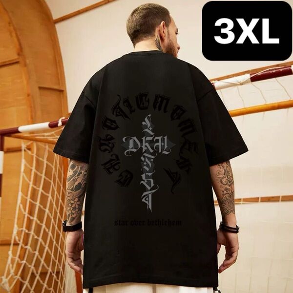 メンズ 半袖 Tシャツ 3XL 大きいサイズ 十字架 プリント オーバーサイズ 黒 ブラック