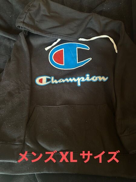 Champion パーカー 黒 ロゴ アメリカ古着 メンズXLサイズ 裏起毛