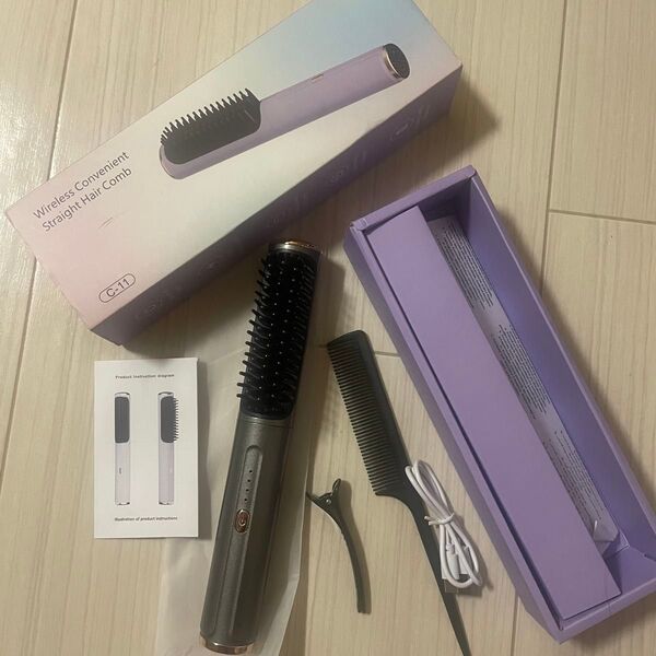 ストレートヘアブラシ コードレス 旅行 静電気防止 ヘアアイロン USB 充電式 温度3段階調節 マイナスイオン 携帯用 新品