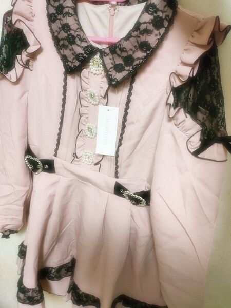 夢展望 キラキラビジューレース重ね フリルワンピース 長袖 ミニ ピンク M