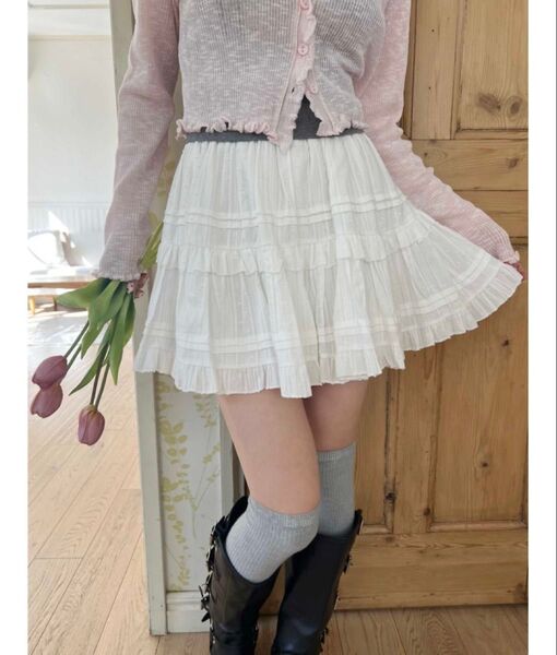 コットンレース ティアードミニスカート